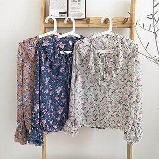 Floral Lace-up Ruffled-trim Flare-sleeve Blouse