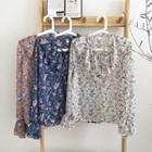 Floral Lace-up Ruffled-trim Flare-sleeve Blouse