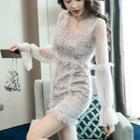 Long-sleeve Mesh Panel Tweed Mini Sheath Dress