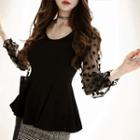 Sheer Dotted Sleeve A-line Knit Top