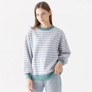 Color-block Plaid Sweater Light Green - One Size