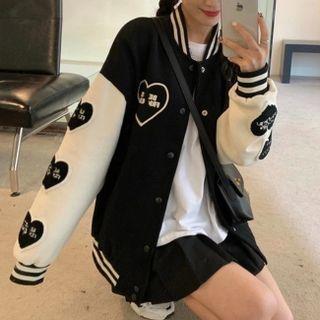 Oversize Heart Embroidered Baseball Jacket