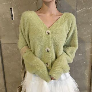 Long-sleeve Furry Cardigan / High-waist Layered Pleated Skirt