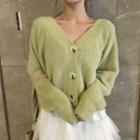 Long-sleeve Furry Cardigan / High-waist Layered Pleated Skirt