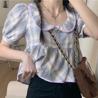 Short-sleeve Plaid Blouse Plaid - Purple - One Size