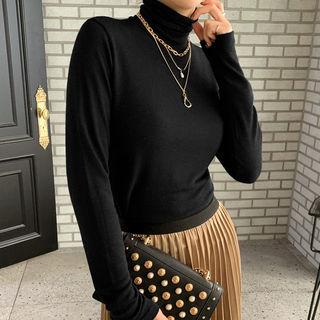 Turtleneck Fitted Plan Top Black - One Size