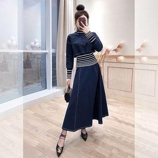 Set: Turtleneck Striped Pullover + Midi A-line Skirt