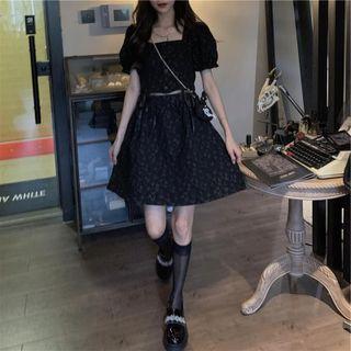 Set: Puff-sleeve Square-neck Crop Top + Mini A-line Skirt