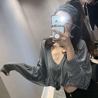 Plain V-neck Long-sleeve Loose-fit T-shirt Gray - One Size
