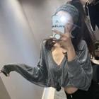 Plain V-neck Long-sleeve Loose-fit T-shirt Gray - One Size