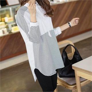 Half-placket Curvy-hem Stripe Shirt