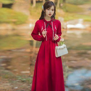 Long-sleeve Ribbon Maxi A-line Dress