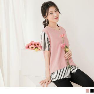 Striped Panel Slit-front Short-sleeve Top