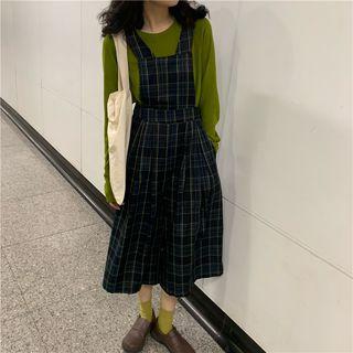 Long-sleeve Plain Top / Plaid Jumper Pants