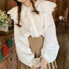 Peter Pan Collar Plain Ruffle Trim Lace Up Loose Fit Blouse White - One Size
