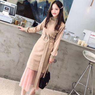 Set: Long-sleeve Mock Neck Knit Dress + Midi Mesh Skirt