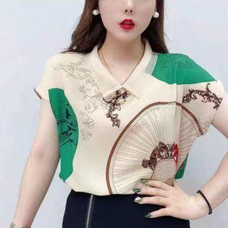 Short-sleeve Color Block Printed Blouse