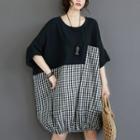 Elbow-sleeve Color Block Plaid Dress Black - One Size