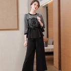 Puff-sleeve Plaid Lace Panel Blouse / Wide Leg Pants / Set
