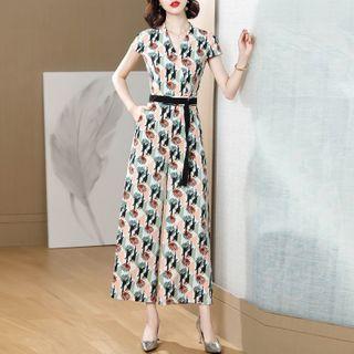 Short-sleeve Bird Print Jumpsuit