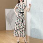 Short-sleeve Bird Print Jumpsuit