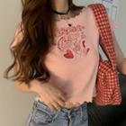Short-sleeve Cartoon Embroidered Ribbed Knit Top