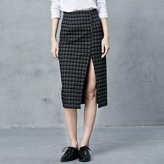 Plaid Side Slit Midi Skirt