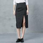 Plaid Side Slit Midi Skirt