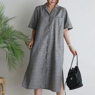 Elbow-sleeve Notch-collar Midi Shirtdress