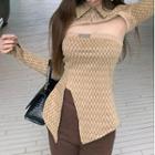 Set: Patterned Slit Tube Top + Long-sleeve Crop Polo Shirt