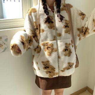 Bear Print Hooded Zip-up Fleece Jacket