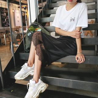 Laced Ribbed H-line Long Skirt