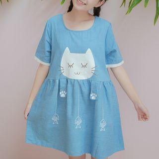 Cat Print Denim Short-sleeve A-line Dress