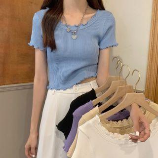 Frill-trim Plain Short-sleeve Knit Top