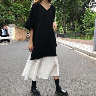 Mock Two-piece Elbow-sleeve Midi Dress As Shown In Figure - One Size