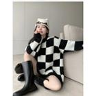 Round Neck Checkerboard Sweater Checkerboard - Black & White - One Size