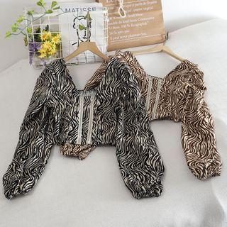 Puff-sleeve Leopard Zip Cropped Top