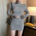 Long-sleeve Turtleneck Ruched-front Dress