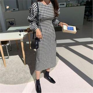 Tie-waist Long Checked Dress Black - One Size
