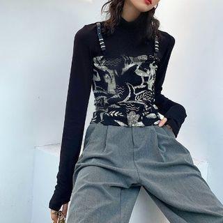 Long-sleeve Mock Two-piece Flower Print T-shirt