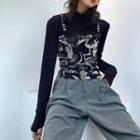 Long-sleeve Mock Two-piece Flower Print T-shirt