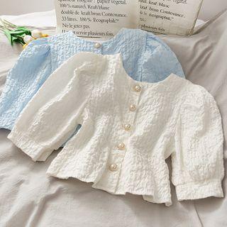 Embossed Pearl-button Crop Blouse