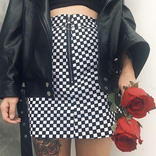 Gingham Half-zip Mini A-line Skirt
