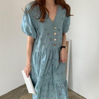 Puff-sleeve V-neck Crochet Dress