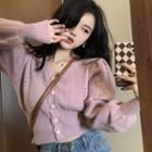 Puff-sleeve V-neck Button-up Knit Crop Top