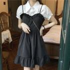 Ruffle Mini Overall Dress / Puff-sleeve Shirt