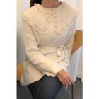 Drop-shoulder Plain Sweater With Sash Beige - One Size