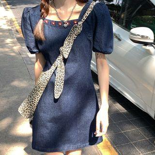 Puff-sleeve Floral Embroidered A-line Denim Dress