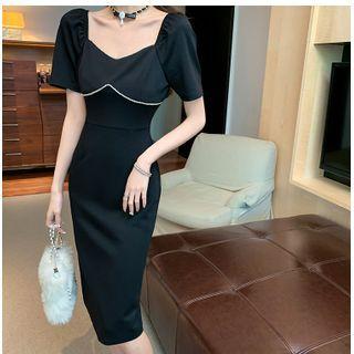 Scoop-neck Puff-sleeve Midi Bodycon Dress