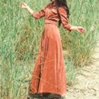 Single-breasted 3/4-sleeve Maxi A-line Dress